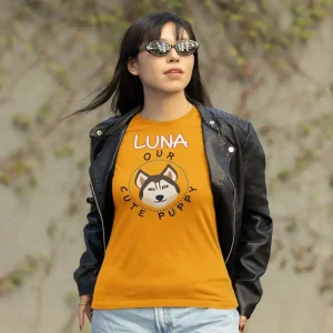 Husky t-shirt mockup featuring a young woman with a cool vibe