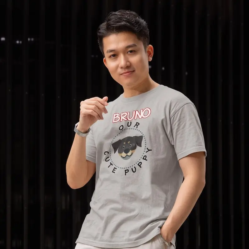 Rottweiler T-Shirt Short-Sleeve Unisex 2 Rottweiler t-shirt mockup featuring a man posing in the street with a smiley