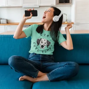 dalmatian-t-shirt-mockup-of-a-young-woman-singing-at-home