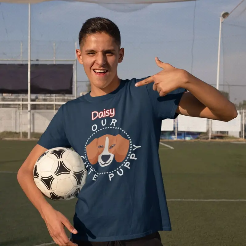 Beagle T-Shirt Short-Sleeve, Unisex 5 Beagle-personalized-mockup-featuring-a-teenager-with-a-soccer-ball-pointing-at-his-t-shirt