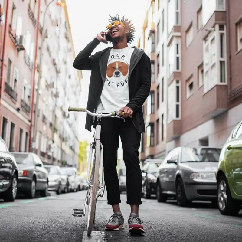 Beagle T-Shirt Short-Sleeve, Unisex 4 beagle-t-shirt-mockup-of-a-man-with-a-bike-talking-on-the-phone