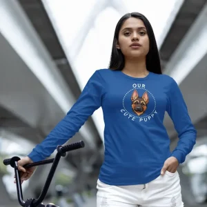 Bella canvas German Shepherd long-sleeve shirt mockup of a woman standing next to her bike