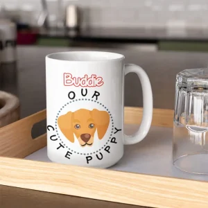 Personalized Golden Retriever 15oz mug mockup over a small wooden tray