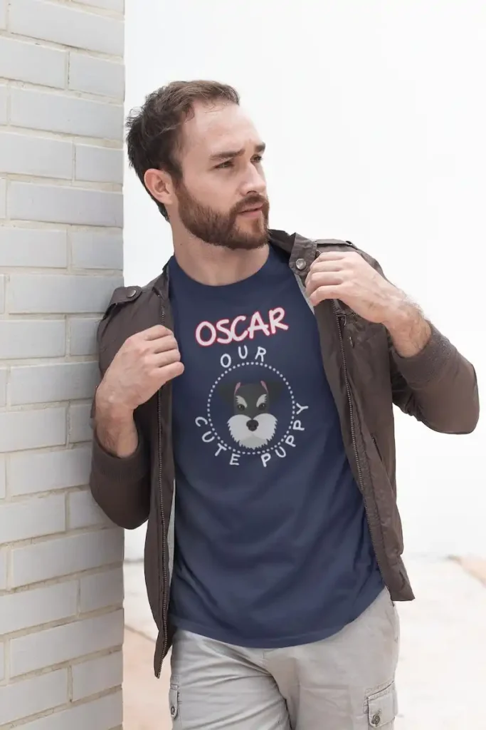 Schnauzer T-Shirt Short-Sleeve Unisex 5 Schnauzer t shirt navy mockup of a bearded man leaning against a white brick wall