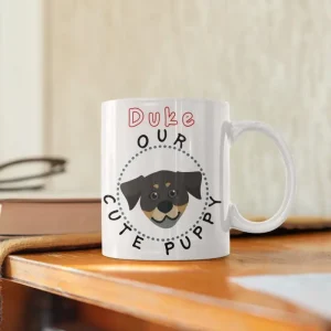 Mockup of an 11oz rottweiler mug on a wooden shelf
