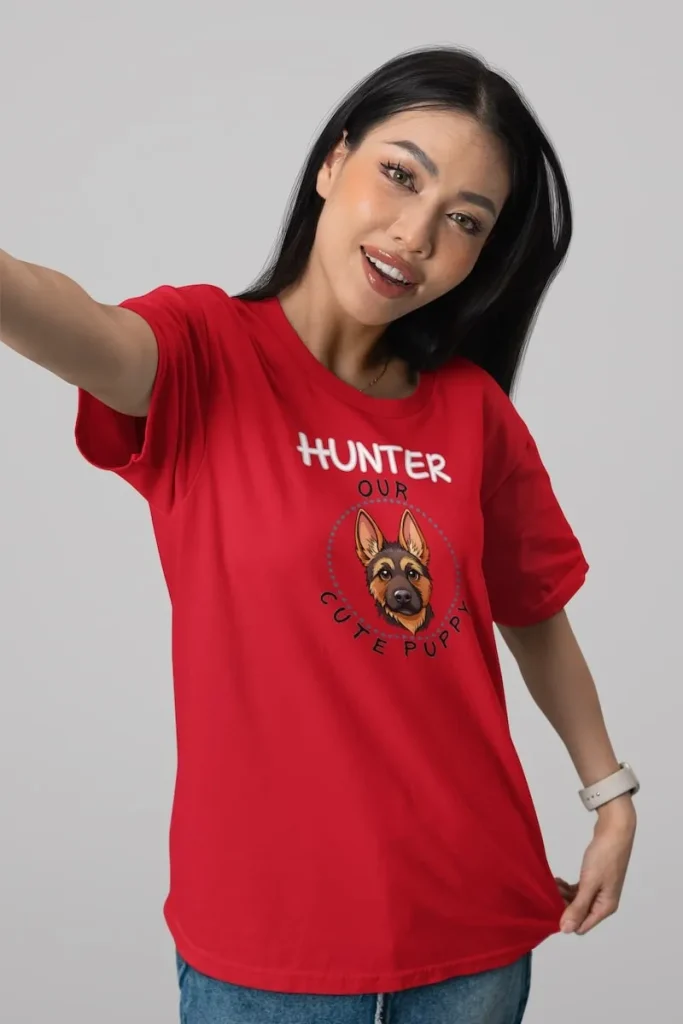 German Shepherd T-Shirt Short-Sleeve, Unisex 6 selfie themed mockup featuring a happy woman with a custom german shepherd t shirt
