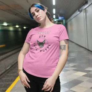 Chihuahua t-shirt mockup of a blue-haired girl posing at a subway station
