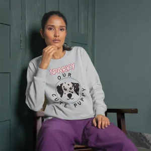 Dalmatian sweatshirt mockup of a woman sitting on a wooden chair