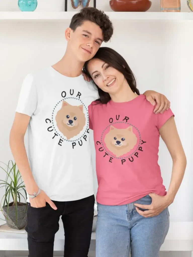Pomeranian T-Shirt Short-Sleeve Unisex 4 Pomeranian t shirt mockup featuring a teenager hugging his mom