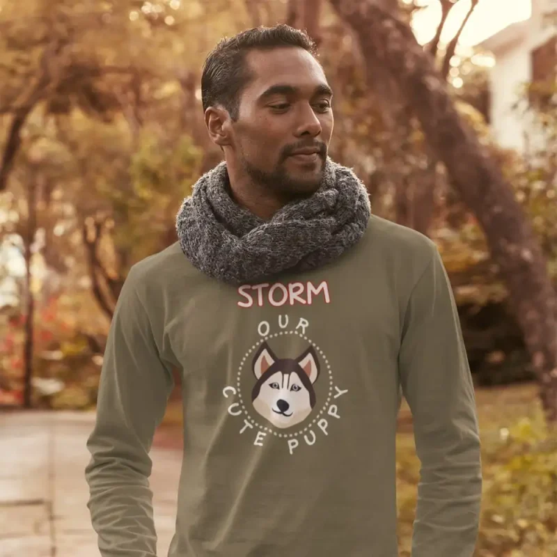 husky long-sleeve shirt mockup featuring a man walking on the street