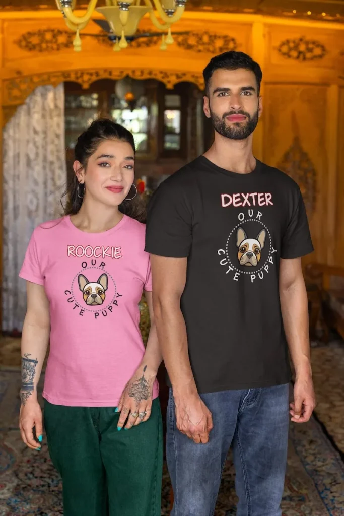 French Bulldog T-Shirt, Unisex 5 French bulldog t shirt mockup featuring a bearded man and a tattooed woman