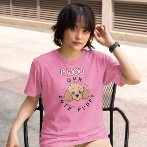 Poodle t-shirt mockup of a serious woman sitting on a chair