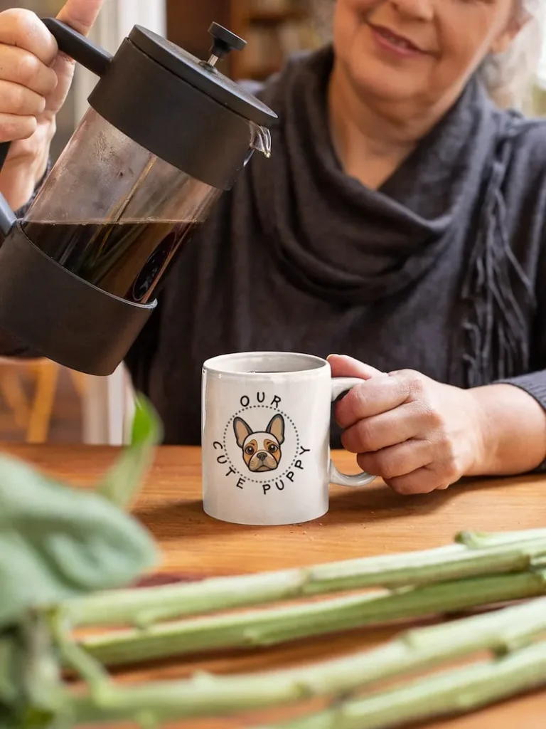 French Bulldog Mug Customizable 3 mockup of a woman pouring coffee into a french bulldog mug at home
