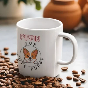 Mockup of an 11 oz. custom Welsh Corgi mug surrounded by coffee beans