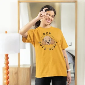Poodle t-shirt mockup featuring woman pretending to take a photo