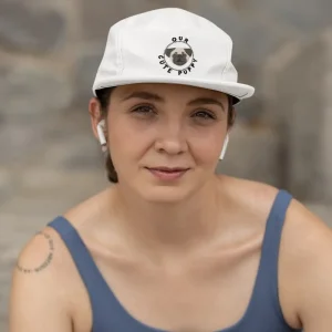 Pug dad hat mockup of a smiling woman in a streetstyle runner outfit