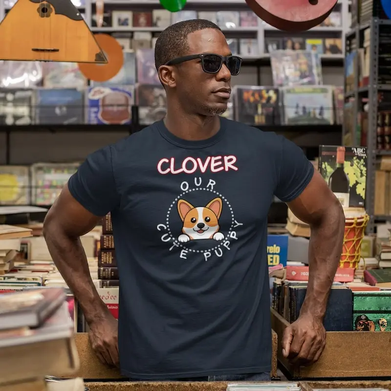 Welsh Corgi t-shirt mockup featuring a man with sunglasses at a vintage records store