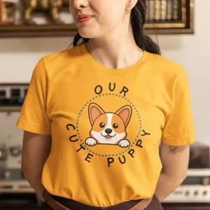 Welsh Corgi t-shirt mockup of a woman wearing a grandpacore inspired outfit at home
