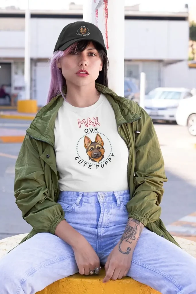 German Shepherd Dad Hat - Classic Dad Cap 4 Mockup of a tattooed woman wearing a german shepherd dad hat and sitting