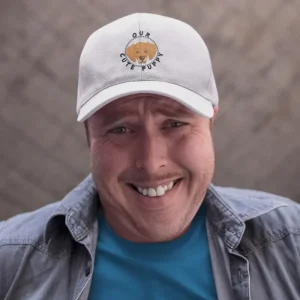 Smiling middle-aged dude wearing a golden retriever dad hat mockup