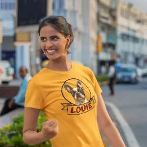 Custom dog clothing mockup of a happy woman making a celebration gesture with her hand