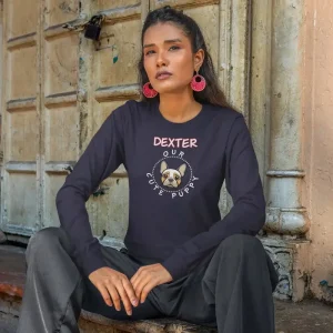 French Bulldog long-sleeve shirt mockup featuring a serious woman sitting in an old building