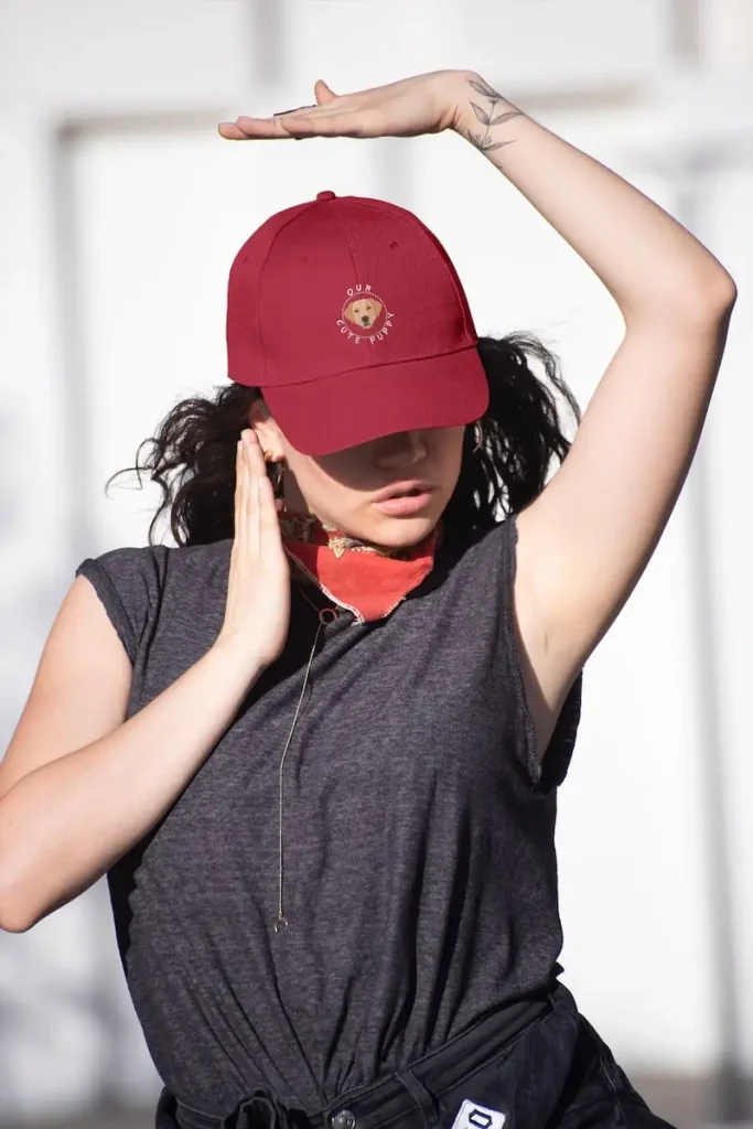 Labrador Dad Hat - Classic Dad Cap 4 Mockup of a woman with a Labrador dad hat posing in the street