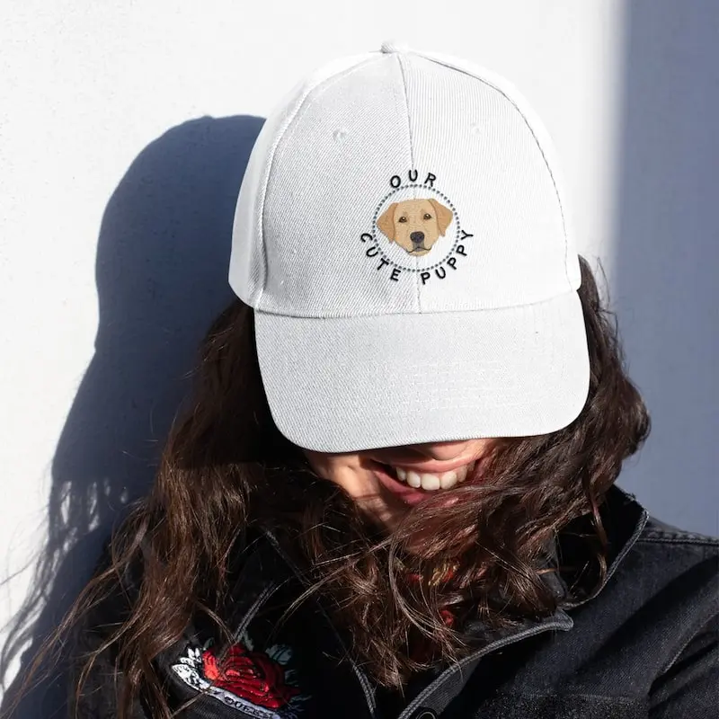 Labrador Dad Hat - Classic Dad Cap 2 White Labrador dad hat mockup of a woman with a patched denim jacket