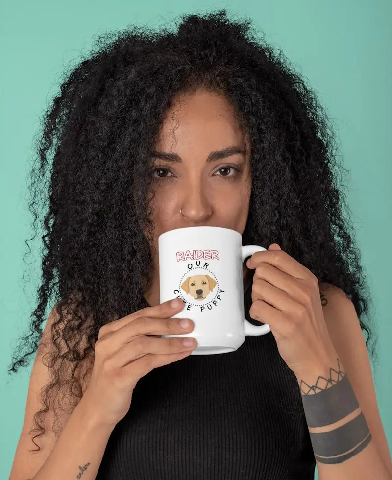 Labrador Mug, Customizable 3 mockup of a tattooed woman drinking from a customized 15 oz labrador mug