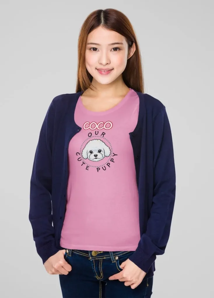 Funny Bichon T-Shirt Customizable, Unisex 5 Customized Bichon t-shirt mockup of a long haired young woman posing against a colored background