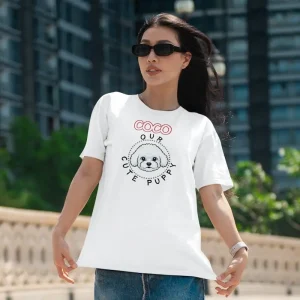 Customized Bichon t-shirt mockup of a woman posing in the street with a serious look
