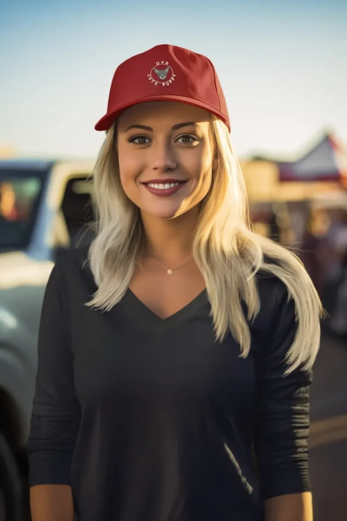 Chihuahua Dad Hat - Classic Dad Cap 4 A woman wearing a chihuahua dad hat at a tailgate party
