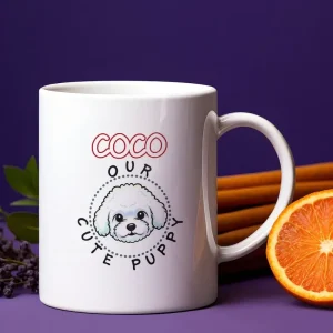 Customized Bichon Mug featuring an orange slice and some flowers