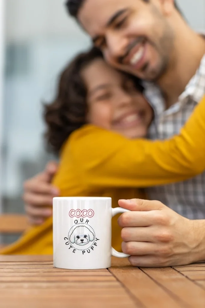 Funny Bichon Mug, Customizable 3 Customized Bichon mug mockup featuring a happy boy hugging a man for father's day