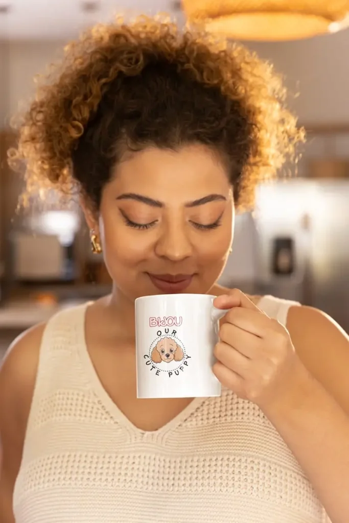 Poodle Mug Customizable 3 Mockup of a smiling woman smelling her coffee from her Poodle mug