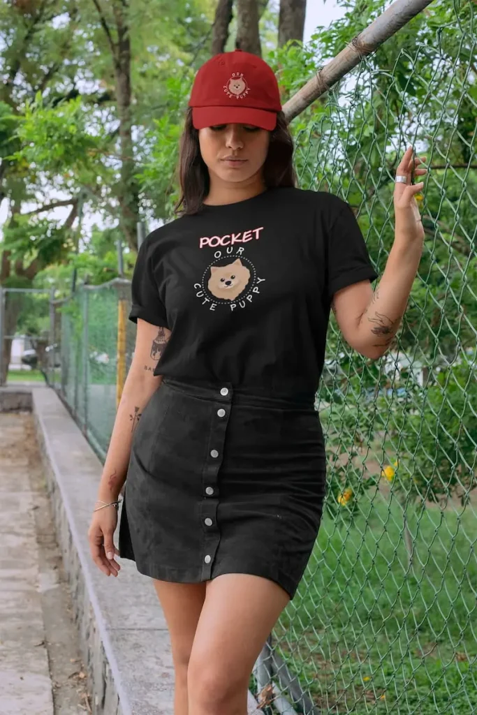 Pomeranian Dad Hat - Classic Dad Cap 4 Mockup of a tattooed woman wearing a crew-neck t-shirt and a Pomeranian dad hat