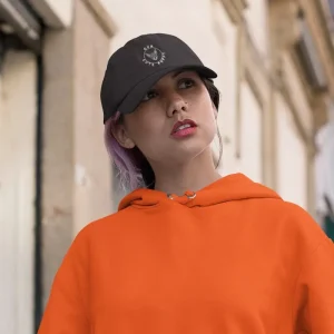 Mockup of a woman wearing a chihuahua dad hat