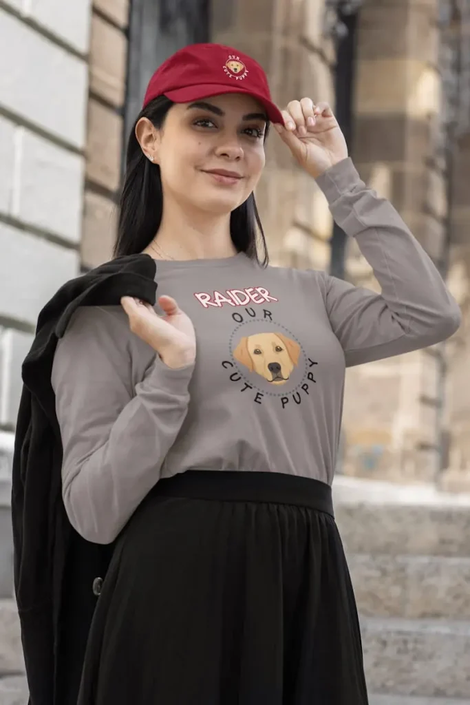 Genuine Labrador Long-Sleeve Shirt, Unisex 6 Labrador long-sleeve shirt and dad hat mockup featuring a smiling woman in a modest fashion outfit