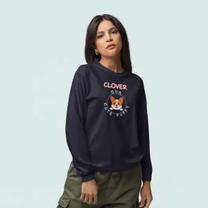 Corgi long-sleeve shirt mockup featuring a woman standing with a serious look