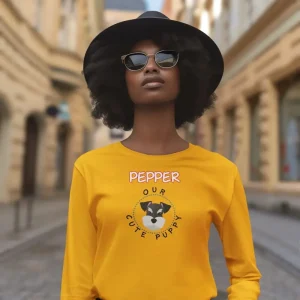 Schnauzer long-sleeve shirt mockup featuring a woman with an old-money fashion style